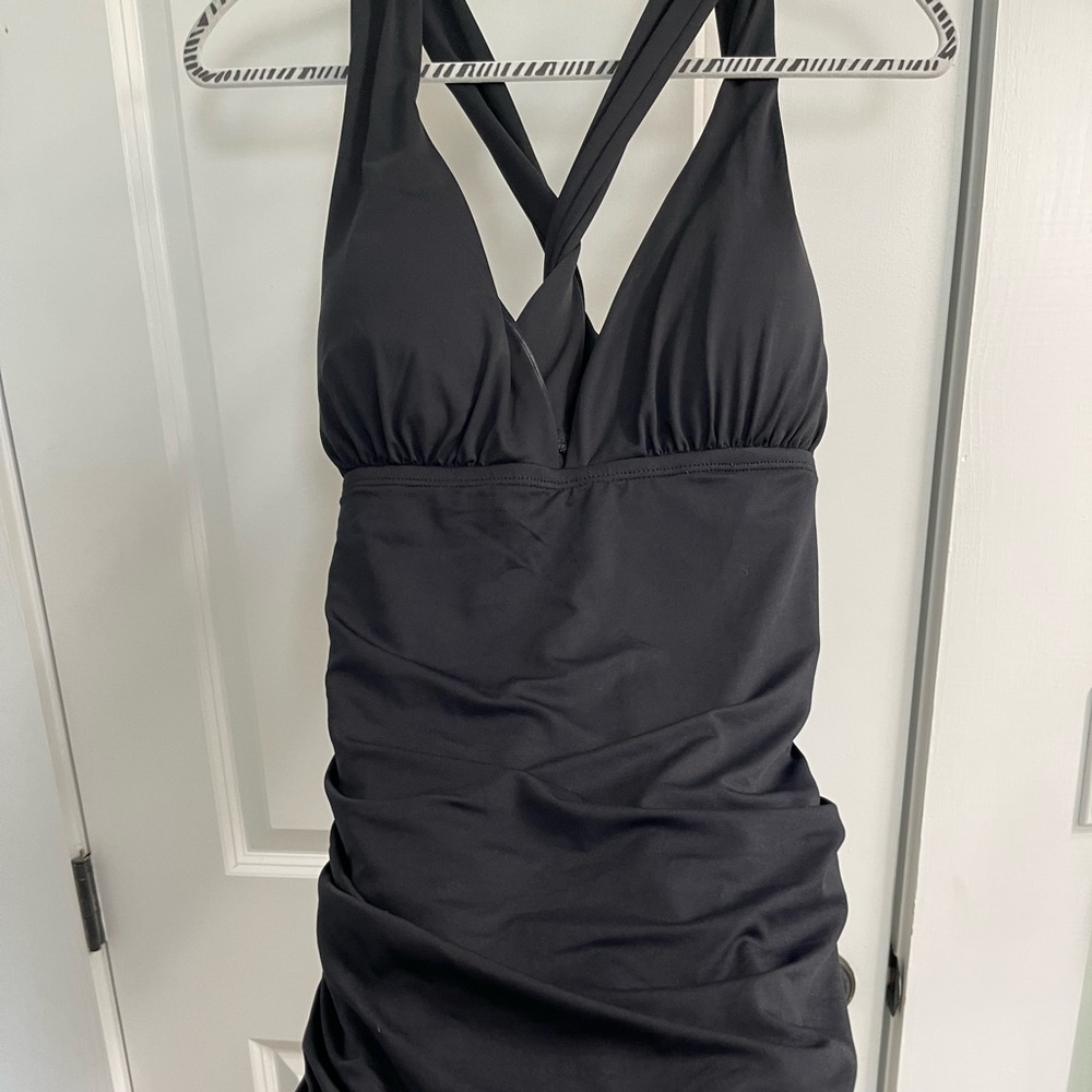 Ralph Lauren, Black, one piece with roushing for slimming effect. Size 18W.